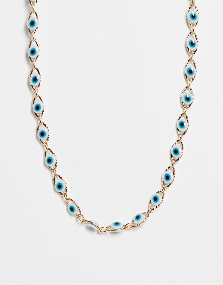 Asos Design Short Necklace In Eye Design In Gold Tone-multi