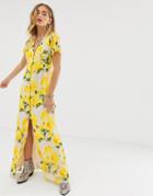 Sacred Hawk Button Front Maxi Dress In Floral-yellow