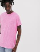 Asos Design Oversized Longline T-shirt With Roll Sleeve In Acid Wash In Pink