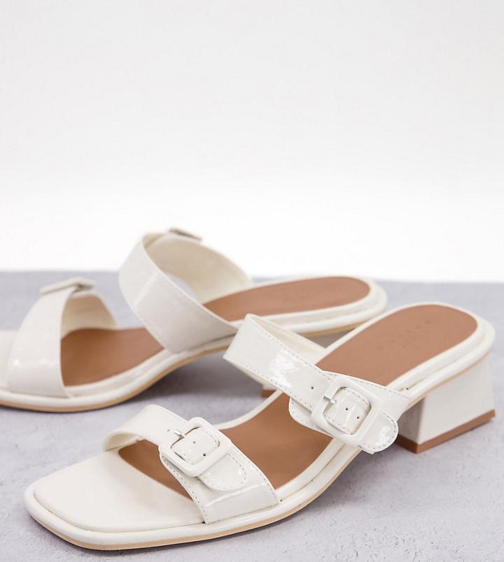 Asos Design Wide Fit Willow Buckle Detail Heeled Mules In White Patent