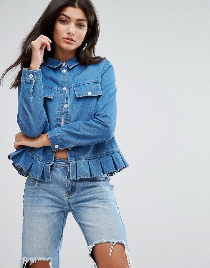Daisy Street Denim Shirt Jacket With Peplum Trim - Blue