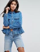 Daisy Street Denim Shirt Jacket With Peplum Trim - Blue