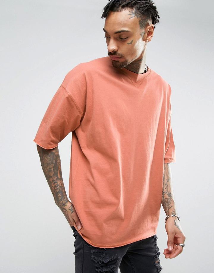 Asos Super Oversized Longline T-shirt With V Insert And Babylock Hem - Red