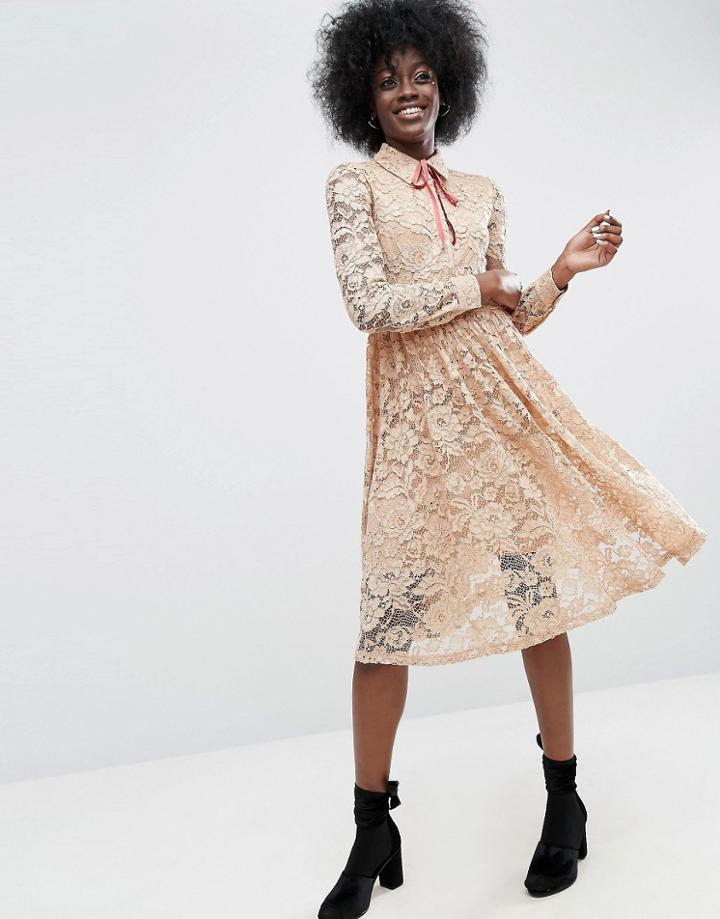 Asos Midi Lace Pleat Shirt Dress - Pink
