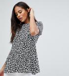 Asos Design Tall Smock Top With Ruffle Hem In Mono Animal Print - Multi