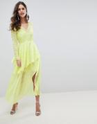 Asos Design V Front Maxi Dress With Ruffles In Animal Self Jacquard - Yellow
