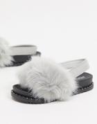 Truffle Collection Sling Back Fluffy Slippers In Gray-grey