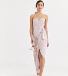 Tfnc Tall Bridesmaid Bandeau Maxi Wrap Dress With Satin Front Detail In Taupe