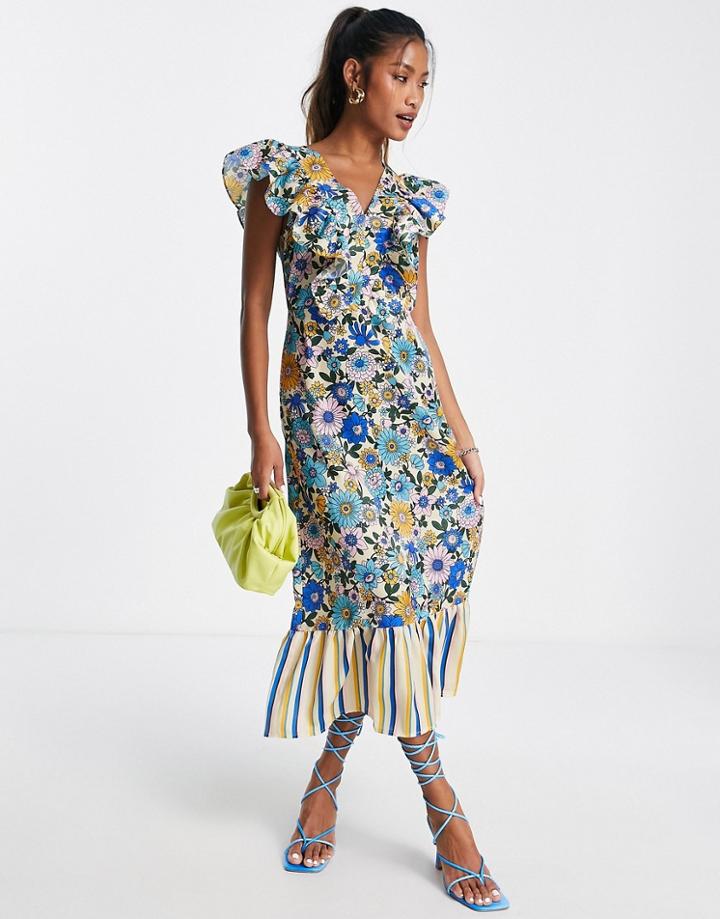 Topshop Mix And Match Stripe And Floral Midi Dress In Multi