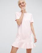 Asos Ruffle Hem Shift Dress With Sleeve In Ponte - Pink