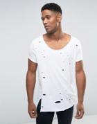 Asos Super Longline T-shirt With Heavy Distressing And Scoop Neck In W