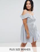 Rage Plus Button Through Cold Shoulder Dress - Blue