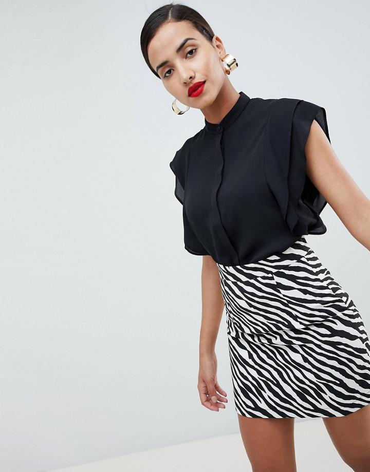 Asos Design Blouse With Frill Shoulder-black