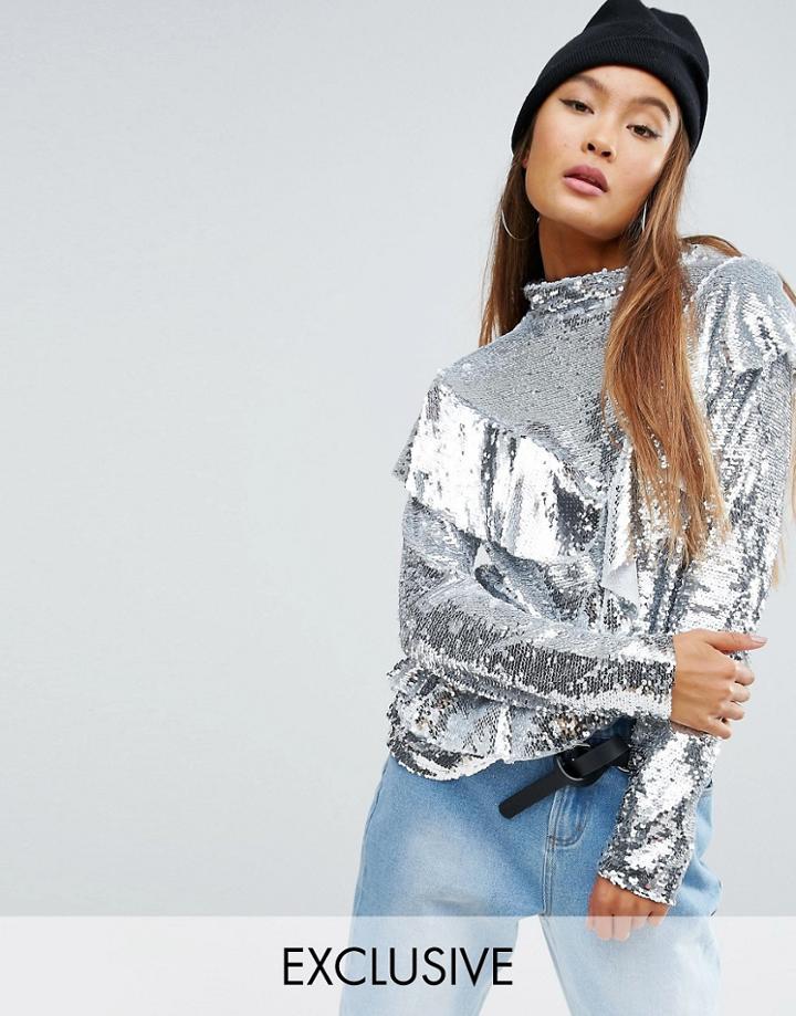 Mad But Magic Sequin Top With Frill - Silver