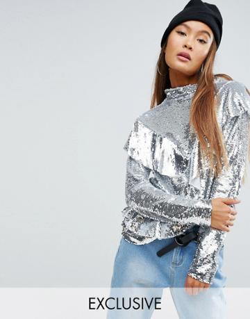 Mad But Magic Sequin Top With Frill - Silver