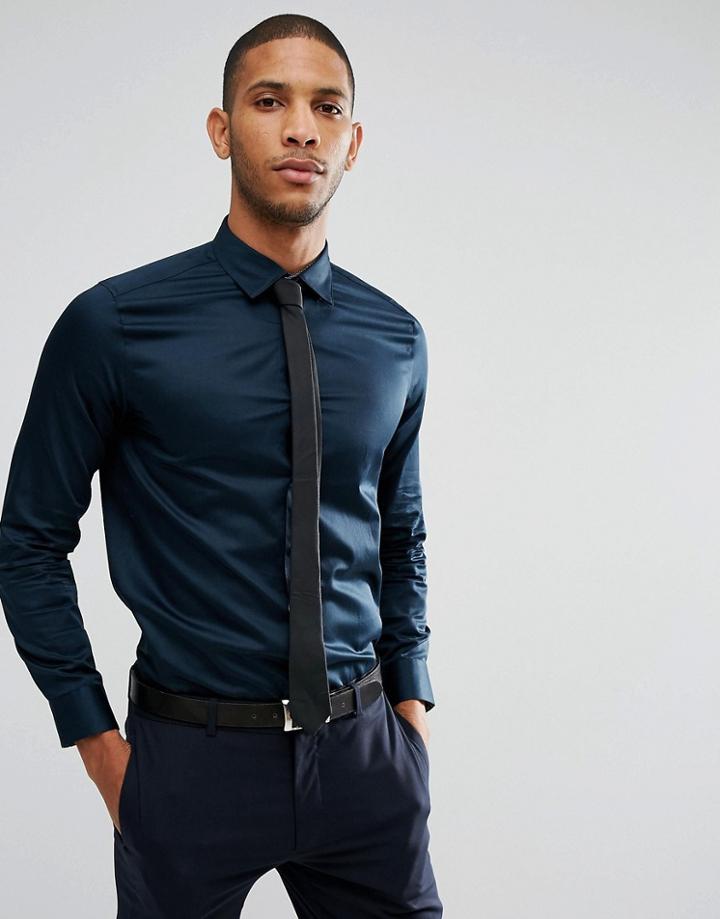 Ted Baker Slim Smart Shirt In Stretch - Navy