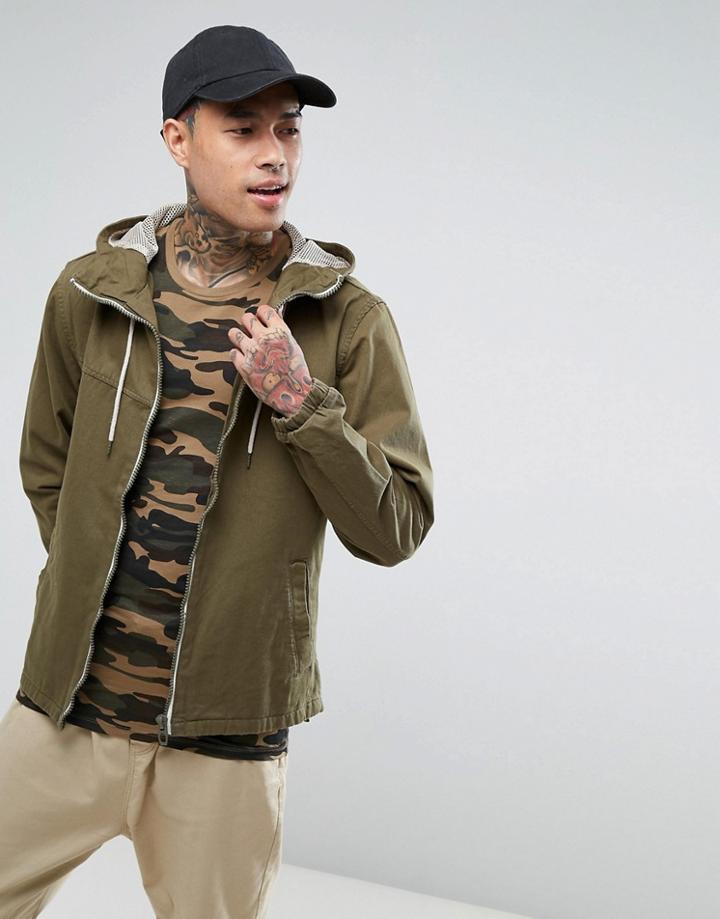 Bershka Lightweight Hooded Jacket In Khaki - Green