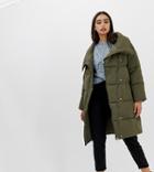 Miss Selfridge Longline Padded Coat In Khaki-green