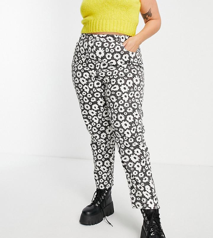 Asos Design Curve High Rise 'original' Mom Jeans In Daisy Print With Elasticated Back Waist-multi
