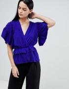 Flounce London Ruffle Detail Blouse With Tie Waist In Royal Blue - Blue