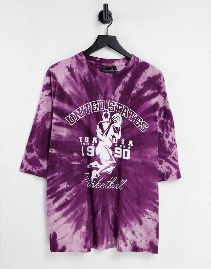 Asos Design Oversized T-shirt In Spiral Tie Dye With Retro Sports Print-purple