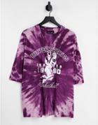 Asos Design Oversized T-shirt In Spiral Tie Dye With Retro Sports Print-purple