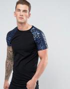 Asos Longline Muscle Raglan T-shirt With Metallic Blue Leopard Print Sleeves - Black
