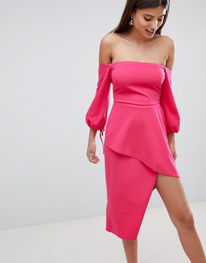 Asos Bardot Midi Dress With Tiered Wrap Skirt-pink