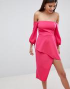 Asos Bardot Midi Dress With Tiered Wrap Skirt-pink