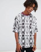Asos Design Oversized T-shirt With Vertical Geo-tribal Print And Contrast Ringer - White