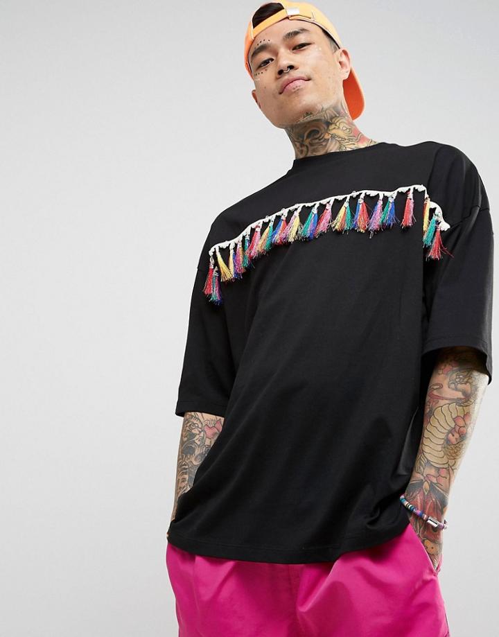 Asos Festival Oversized T-shirt In Black With Rainbow Fringing - Black