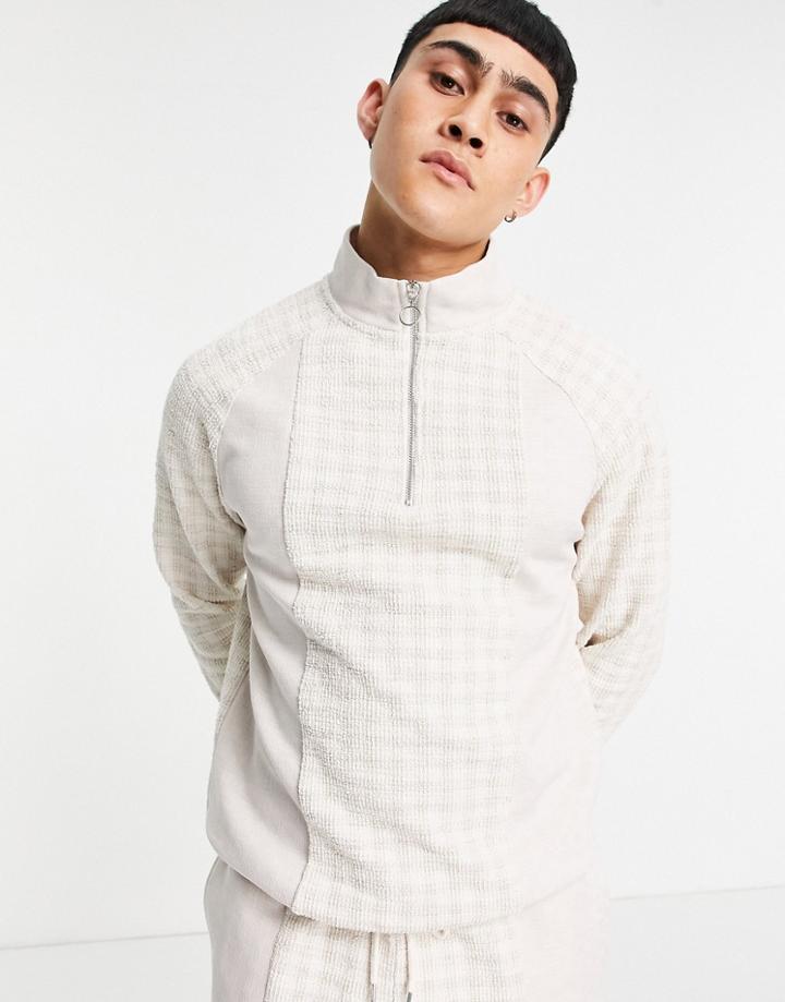 Asos Design Smart Set Relaxed Sweatshirt With Collar & Panelled Textured Check-neutral
