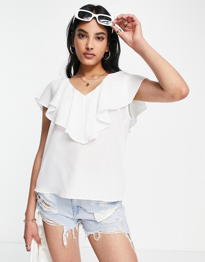Asos Design Frill Neck Blouse In Ivory-white