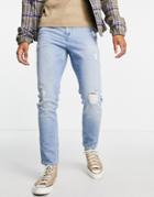 Asos Design Stretch Slim Jeans With In Vintage Light Wash Blue With Abrasions-blues
