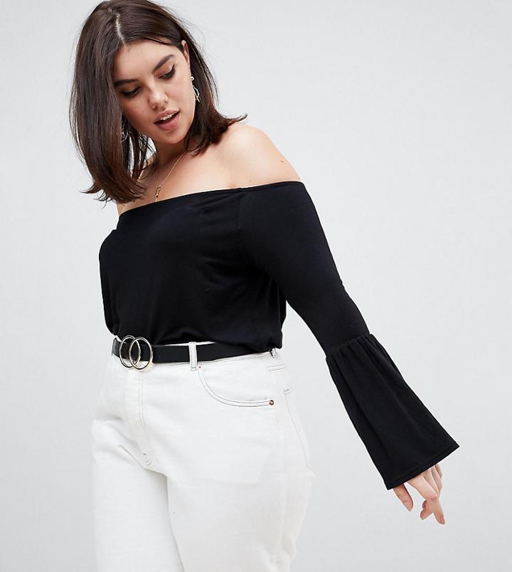 Boohoo Plus Bardot Bell Sleeve Top - Black