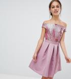 Little Mistress Petite Bardot Sequin Top Mini Prom Dress-pink