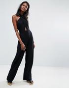 Asos Jersey Jumpsuit With Cross Front And Super Wide Leg - Black