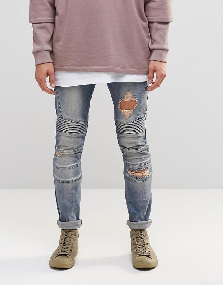 Asos Super Skinny Jeans With Rips In Biker Style - Light Blue
