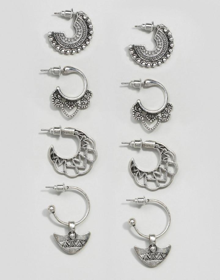 Asos Pack Of 4 Festival Hoop Earrings - Silver