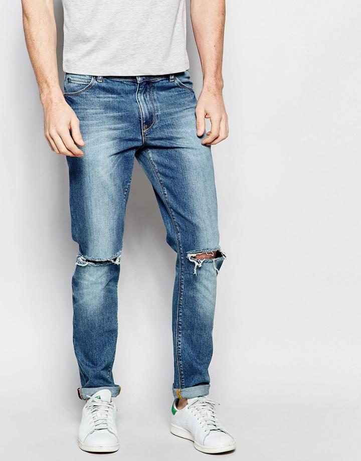 Asos Skinny Jeans In Mid Wash With Knee Rips - Midwash Blue