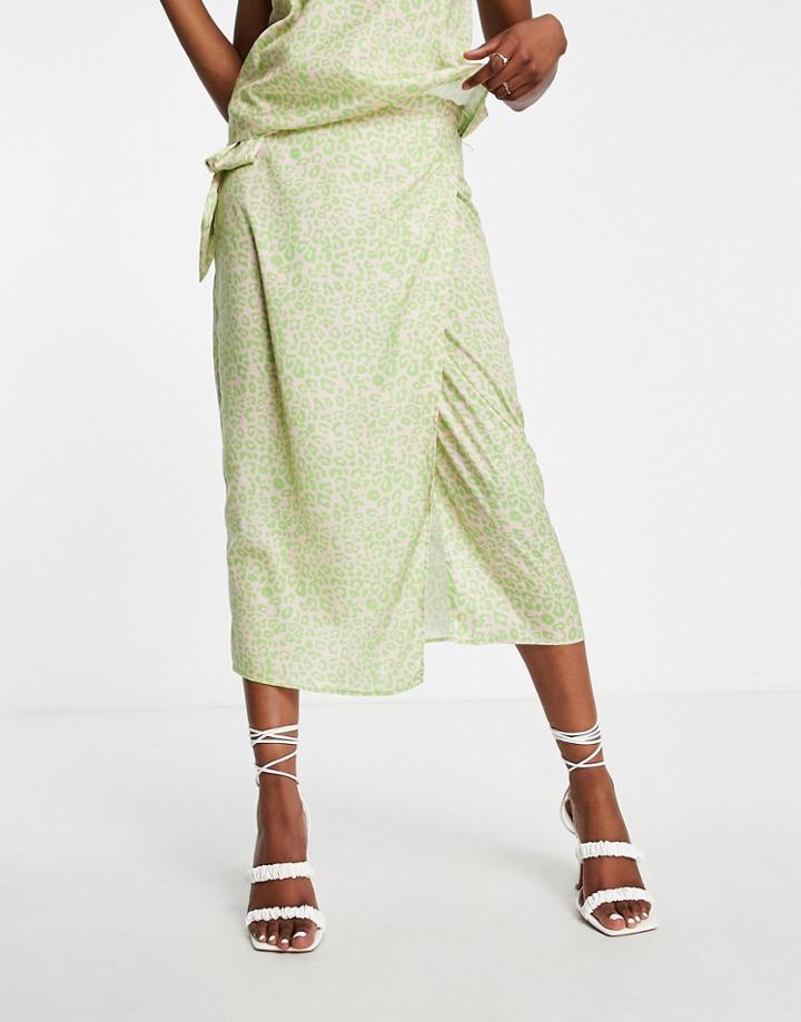 Style Cheat Satin Wrap Midi Skirt In Bright Leopard Print - Part Of A Set-pink