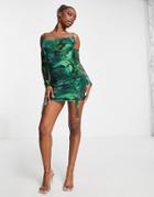 Fashionkilla Long Sleeve Ruched Side Mini Dress In Green Tie Dye-multi