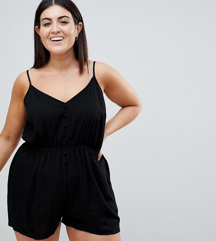 Asos Design Curve Crinkle Button Front Romper - Black