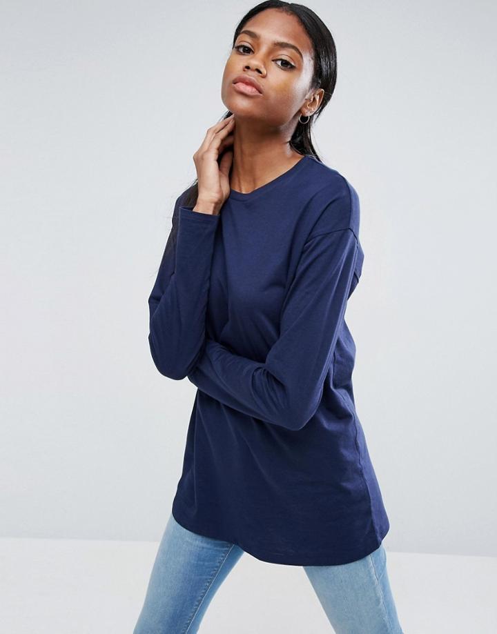 Asos Long Sleeve Longline T-shirt - Navy