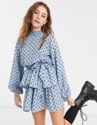 In The Style X Olivia Bowen High Neck Skater Dress With Belt In Blue Polka Print-multi