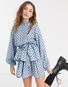 In The Style X Olivia Bowen High Neck Skater Dress With Belt In Blue Polka Print-multi