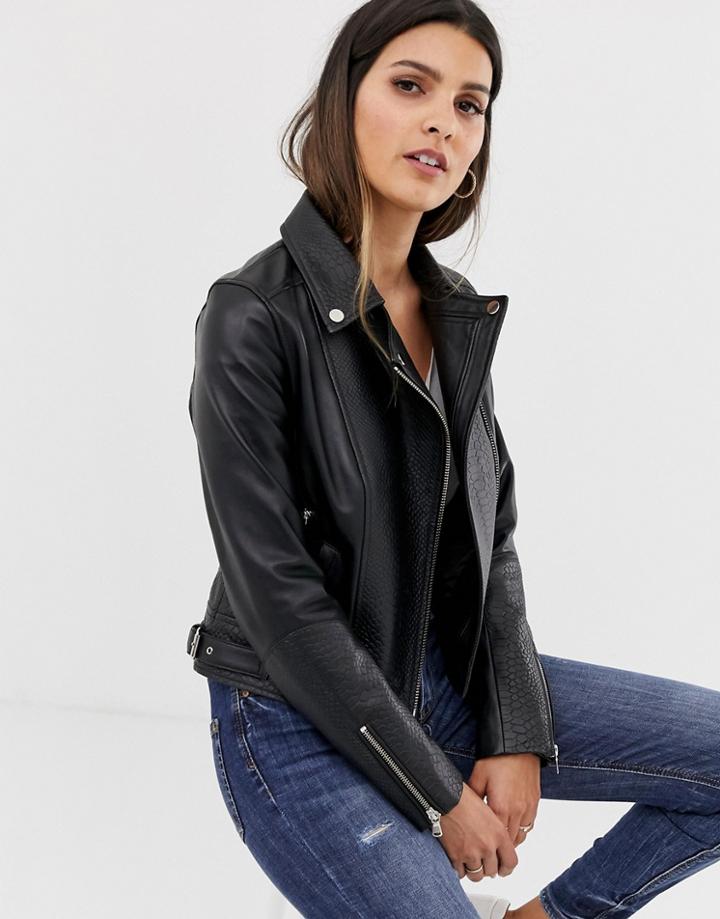 Barney's Originals Leather Biker Jacket With Mock Croc Panels - Black