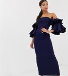 Yaura Bardot Exaggerated Frill Sleeve Maxi Dress In Navy - Navy