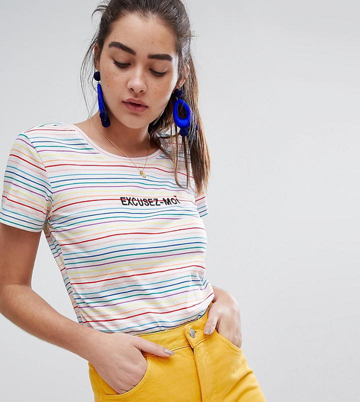 New Look Slogan Rainbow Stripe Tee - White