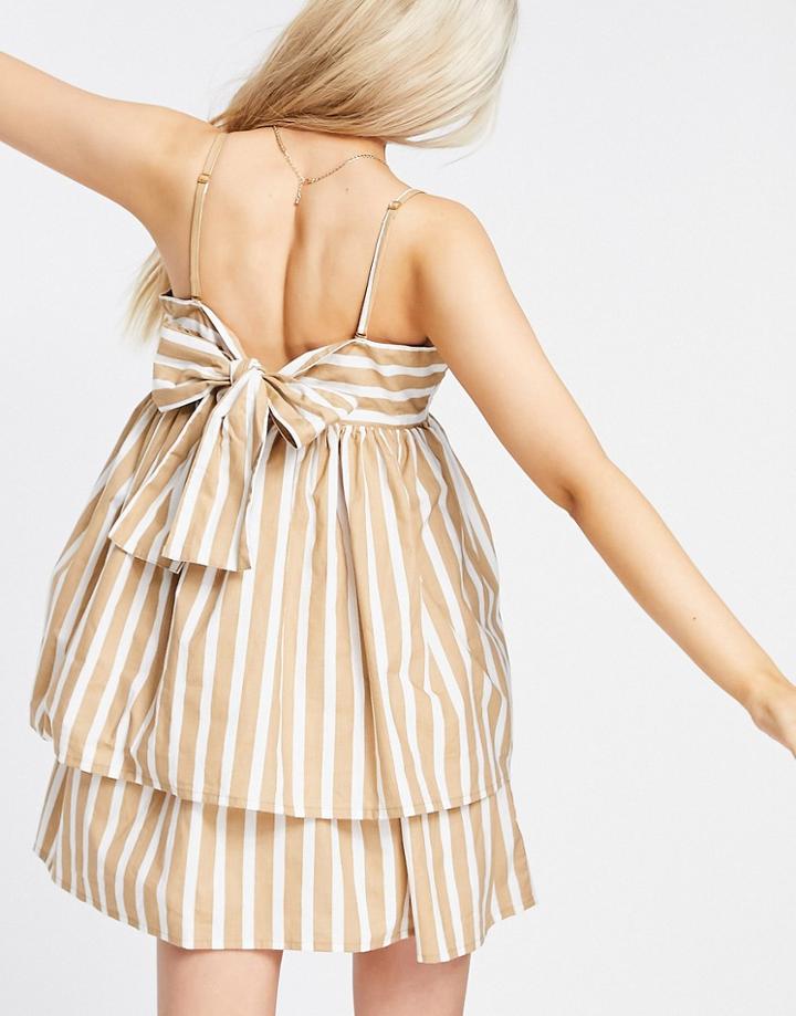 Asos Design Bandeau Double Layer Tie Back Mini Sundress With Detachable Straps In Stripe Print-multi